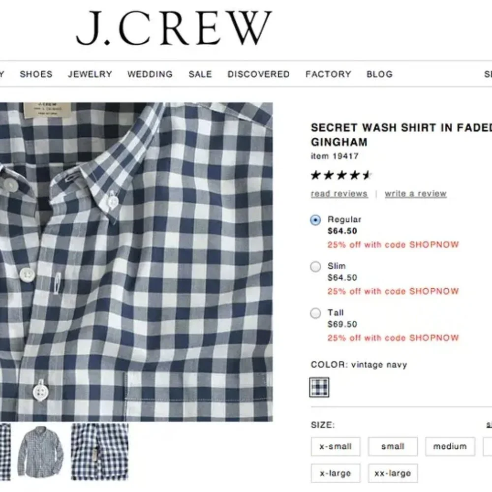 J.Crew Secret Wash Vintage Navy Button-Up Shirt In Faded Gingham NWT size: XS